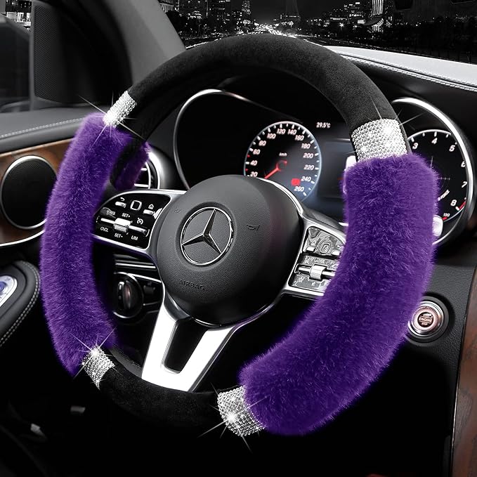 Achiou Rhinestone Fluffy Steering Wheel Cover - Comfortable Non-Slip Luxury Faux Wool, Universal Fit for 14.5" to 15" Steering Wheels