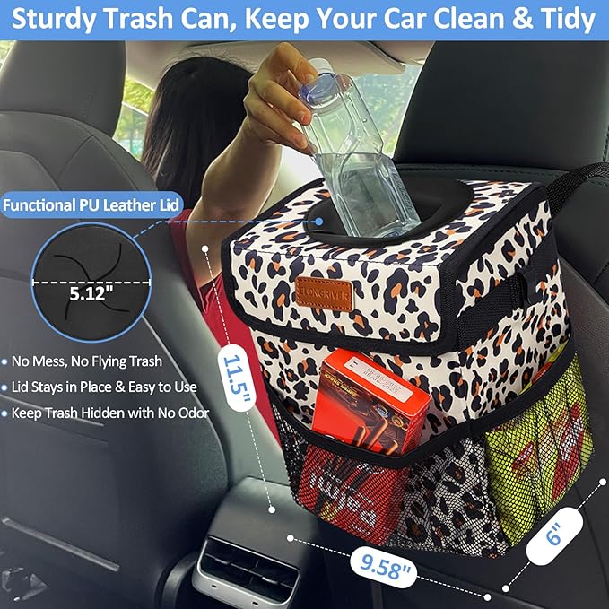 ELONGRIVER Car Trash Can Bin for Back Seat Leak Proof, Cute Car Trash Bag Hanging, Vehicle Trash Can for SUV Truck Van, Automotive Garbage Cans Front Seat Leopard Print