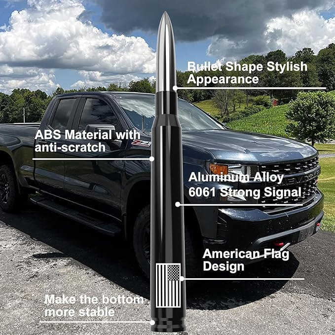 Car Truck Bullet Antenna with Tire Valve Caps American Flag Universal Short Replacement for GMC Sierra Chevy Silverado Dodge Ram 1500 2500 3500 Ford F150 F250 F350 Super Duty Raptor Accessories Silver