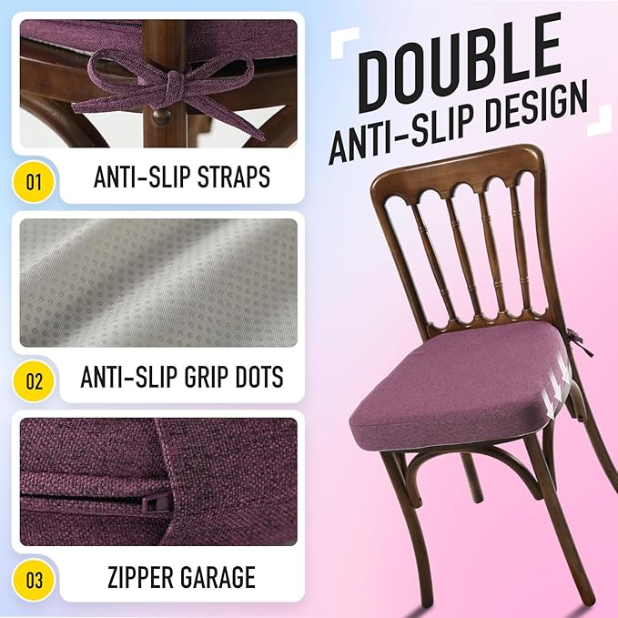 SUNROX Cooling Gel Memory Foam Chair Cushions, 2.6" Thick U-Shaped Dual-Layer Comfort Dining Chair Pads, Non Slip Seat Cushion with Ties for Indoor Kitchen Office 17"x16" Set of 4, Dusty Lavender