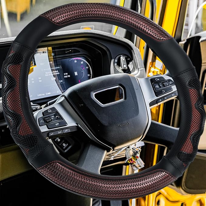 DaisyInner 18 Inch Semi Truck Steering Wheel Cover Heavy Duty Leather Wheel Comfy Grip Cover Anti Slip Car Accessory Fits Rv, Big Rig 18 Wheeler and Pickup (Red, Classic Style)