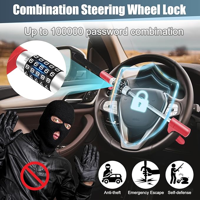 5 Digital Combination Car Steering Wheel Lock,LAMA Password Code Steering Lock, Retractable Keyless Heavy Duty Steering Wheel Lock,Universal Anti-Theft Car Steering Fit for Cars,Trucks,Vans,SUVs