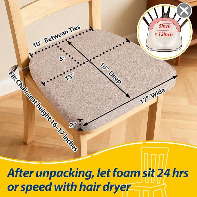 AAAAAcessories D-Shaped Chair Cushions, 2" Thick Dining Chair Pads with Ties and Removable, Machine-Washable Cover, 17" x 16", Oatmeal Beige