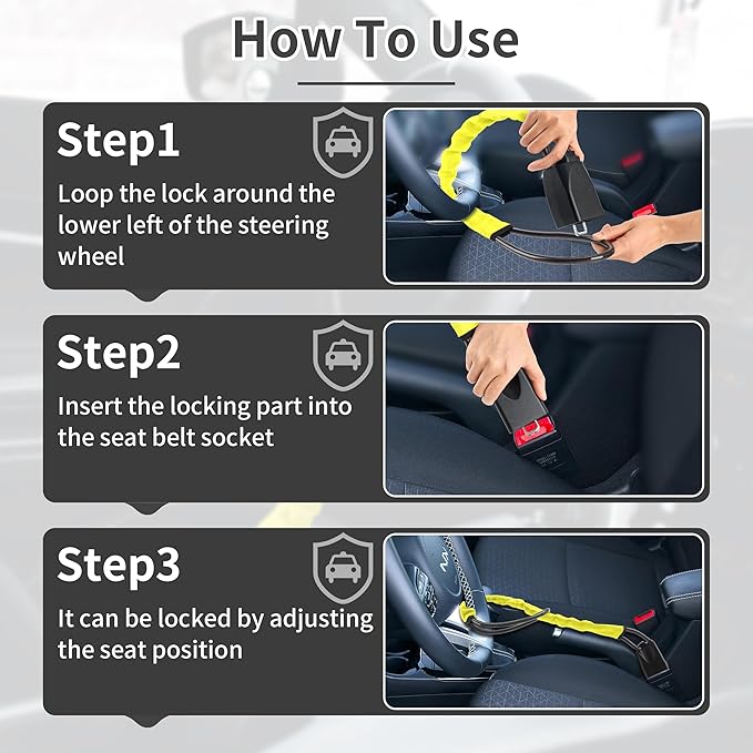 Car Steering Wheel Lock, 1 Pack Anti Theft Car Device with Max 17” Locking Length, Thickened Steel Wire, and Fine Stitched Edges, 3 Keys Included, Easy to Store, Fits Most Vehicles, SUVs（Yellow）