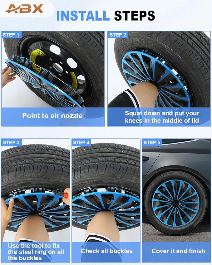ABX Hubcap Wheel Covers Hub Caps 15 Inch Set of 4 Black & Blue Universal Wheel Rim Cover R15 Stylish Car Decor Wheel Covers for Toyota Camry Nissan Mazda (TT Black & Blue, 15 inch)