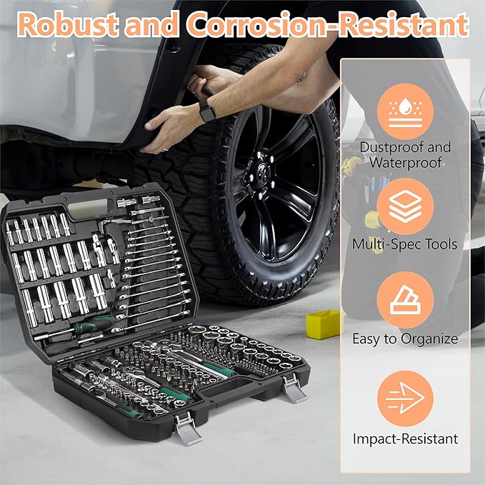 IDEALHOUSE 216 PCS Mechanic Tool Set with Case,Socket Wrench Set,1/4" 3/8" 1/2" Drive Socket Kit,72-Tooth Quick Release Ratchet, Specialty Tools for Home Automotive Repair