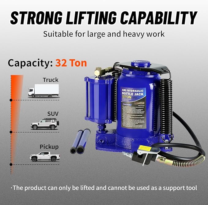 32 Ton Air Hydraulic Bottle Jack with Air-Powered or Manual Operation, One-Piece Hydraulic Cylinder Design, Air Bottle Jack with Independent Air Pump Body and Carry Handle