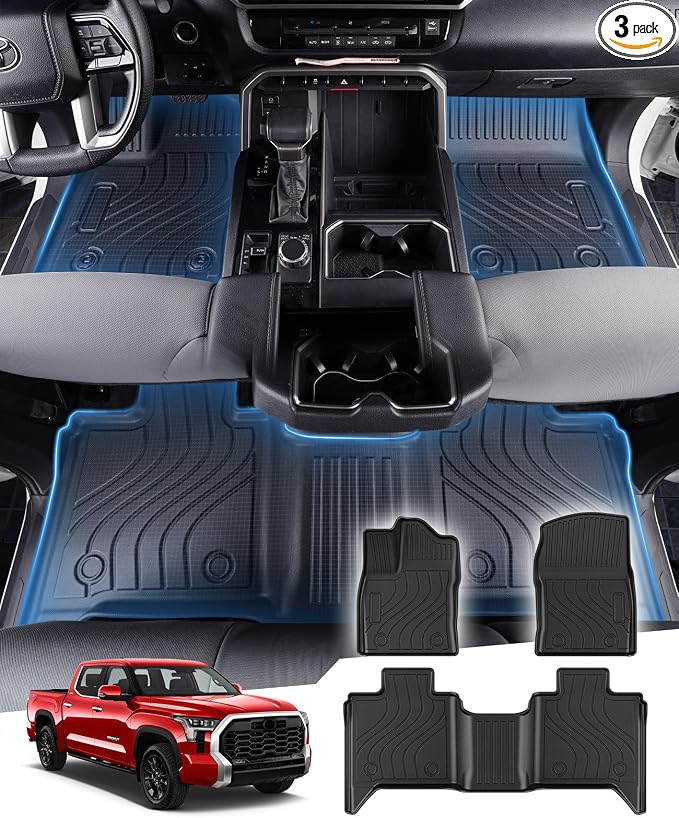 Sunsdrew Floor Mats for 2022-2025 2026 Toyota Tundra CrewMax Cab, All Weather Floor Liners for Tundra Accessories, 3PCS Front Rear 2 Rows Car Mats TPE Rubber Raised Edge