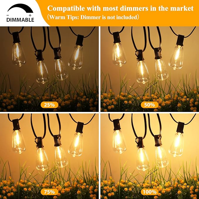 Brightever 30FT LED Outdoor String Light with 16 ST38 Vintage Edison Shatterproof Bulbs, Commercial Grade Patio Lights Connectable, Waterproof Hanging Lights for Balcony, Backyard, Warm White