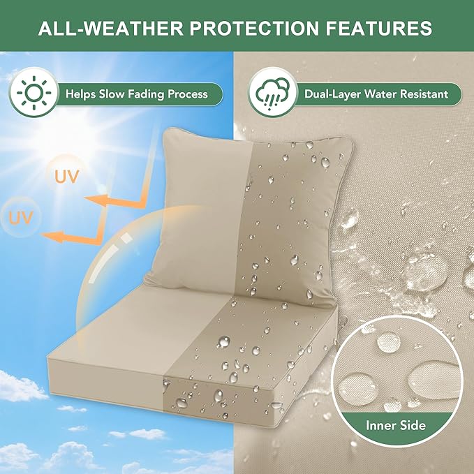 Summsun Outdoor Chair Cushion Weather Resistant, Backrest and Seat Cushion Set for Patio Furniture with Waterproof Removable Cover, 19 x 19 Inch, Cream, Set of 2