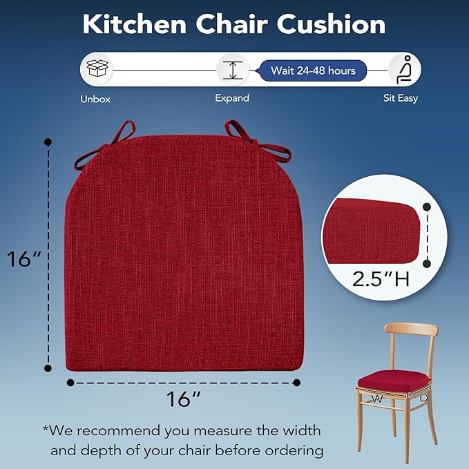 Chair Cushions for Dining Chairs, Non Slip Chair Pads with Ties and Washable Covers, Memory Foam Kitchen Chair Cushions Set of 6, 16"X16"X2.5", Red