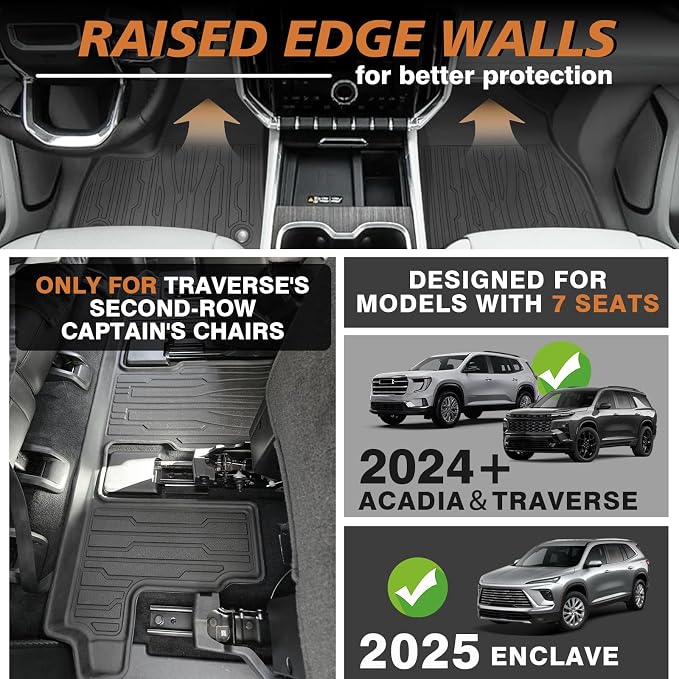 TripleAliners Floor Mats&Trunk Mat All Weather Car Liners Compatible with 2024+GMC Acadia/Chevy Traverse&2025+ Buick Enclave Accessories TPE Custom Fit Full Set Liners Protection(Floor Mats+Trunk Mat)