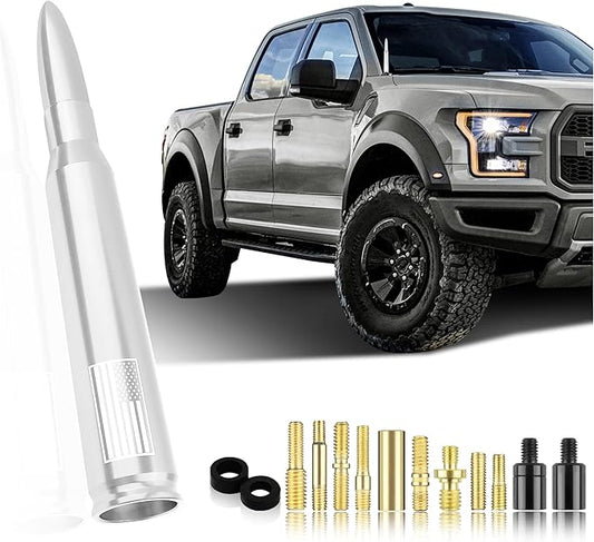 Car Bullet Antenna,Truck Exterior Decoration Accessories Car Vehicle Replacement Antenna Conpatible with Ford F150 RAM 1500 GMC Heavy Duty Pickup Trucks Accessories (New Upgrade Silver-U.S. Flag)…