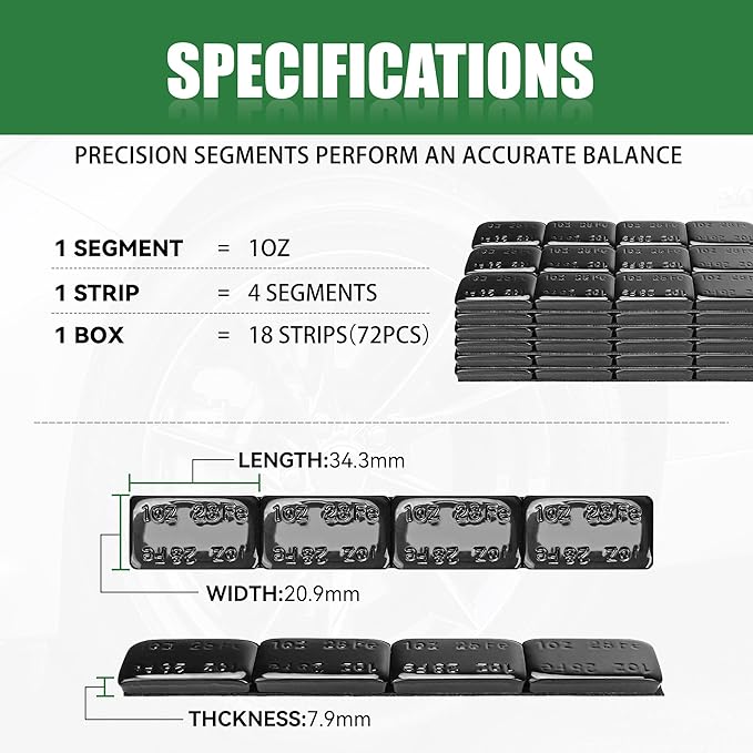 1oz Adhesive Wheel Weights, 1 oz Black Stick on Wheel Weights,A Box of 18 Strip, 4 Segments one Piece (72 Oz Pack)