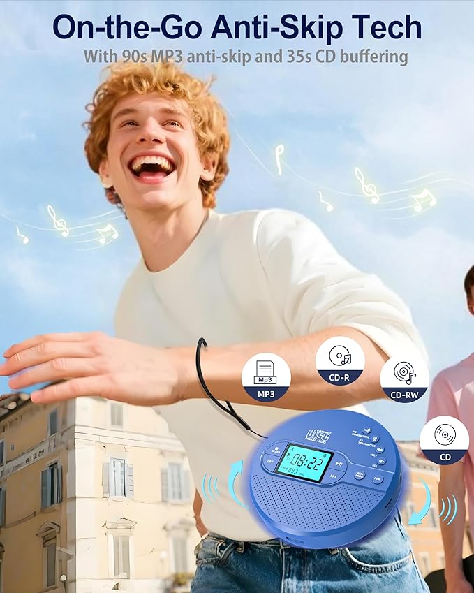 Sunoony Portable CD Player with Bluetooth, Disman CD Player for Car with FM Transmitter, Rechargeable Personal cd Player with Anti-Skip Protection, Headphones, AUX/USB Supported, LCD(Blue)