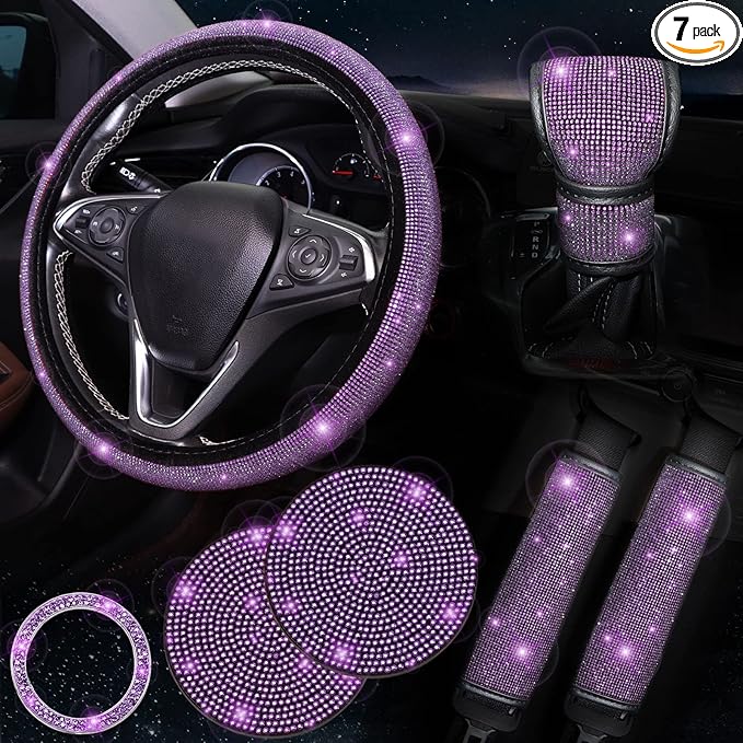 Steering Wheel Cover Set for Women Girl,7 Pack Crystal Diamond Rhinestone Purple Bling Car Accessories, Seat Belt Cover, Gear Shift Cover, Car Bling Ring, Cup Holder Coasters, Purple