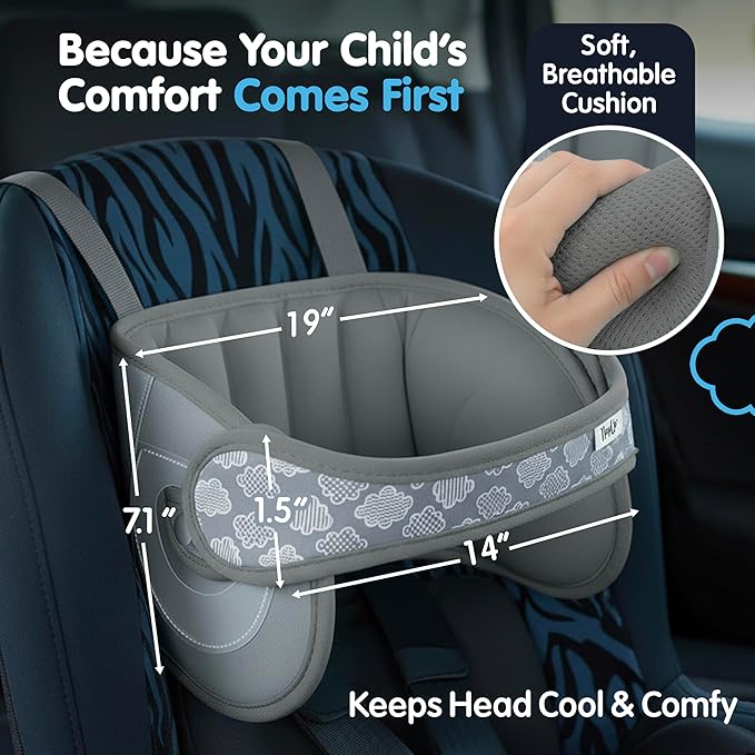 NapUp Adjustable Head Support for Car Seat – Patented & Crash-Tested Anti-Bobbing Head Holder Strap, Comfortable Sleep Solution - Breathable Fabric, Kids Travel Accessories - Ages 2+ - Grey