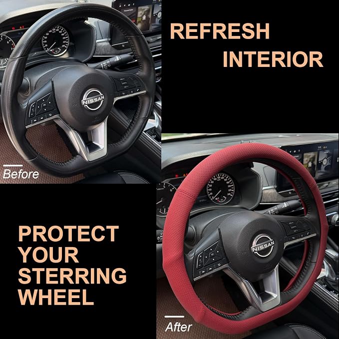 PINCTROT D Shaped Nappa Leather Steering Wheel Cover with Ergonomic Palm Support Grip, Full Perforated Breathable, Slim Fit No Bulk Design, Flat Bottom 14.5-15 Inch (Burgundy Red)