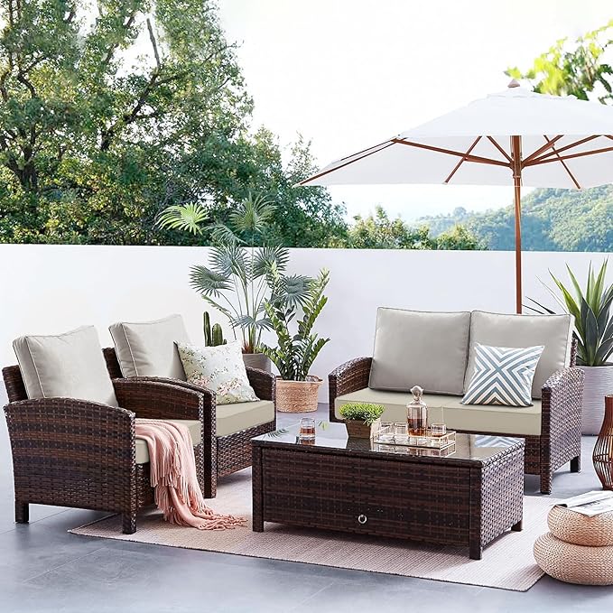 Favoyard Patio Chair Cushions 22 x 22 x 3 Inch Waterproof Outdoor Seat Cushions for Patio Furniture 3-Year Color Fastness Garden Sofa Couch Chair Pads with Handle & Adjustable Straps Set of 2, Beige
