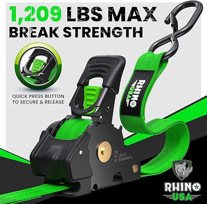 Rhino USA Retractable Ratchet Straps (4-Pack) - 1 Inch x 10 Feet (1,209lb Break Strength) - Auto Self Retracting Tie Down Straps for Truck, Cargo Trailer, Motorcycle, ATV, UTV - Green
