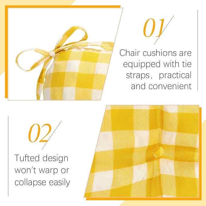 Geetery 4 Pack Chair Cushions for Dining Chairs, 16" x 15" Lemon Yellow Kitchen Chair Cushions with Ties Buffalo Plaid Soft Comfy Seat Pads for Home Office Living Room Outdoor Indoor