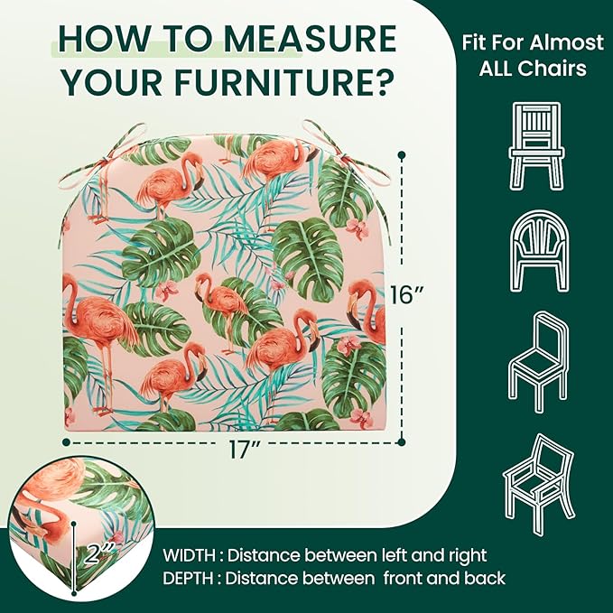HARBOREST Outdoor Chair Cushions Set of 4, Water Resistant Patio Chair Cushions with Ties, Outdoor Seat Cushions for Patio Furniture, 17"x16"x2", Flamingo