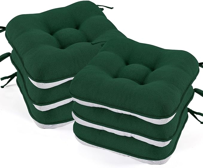BETU Chair Cushions for Dining Chairs Set of 6,3.5" Thick Kitchen Table Chair Pads with Ties,Non Slip Backing and Covers, Seat Cushion for Dining Room,Bar,Patio Chairs,15.5"X15.5"X3.5",Dark Green