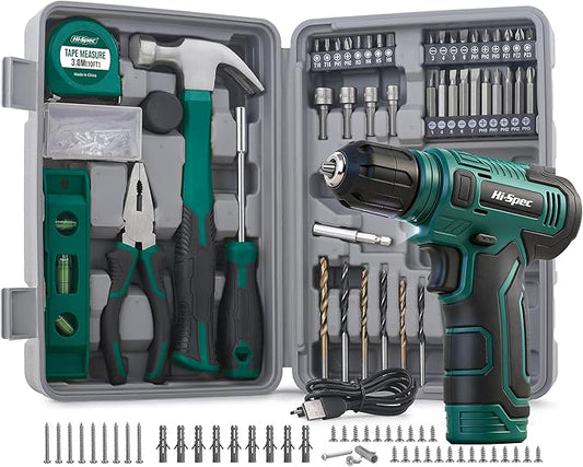 Hi-Spec 8V Cordless Drill Set & Tool Kit for Men – Power USB Rechargeable Electric Drill Driver, Compact Hand Toolbox with Essential Tools, Green, Ideal for Home Improvement