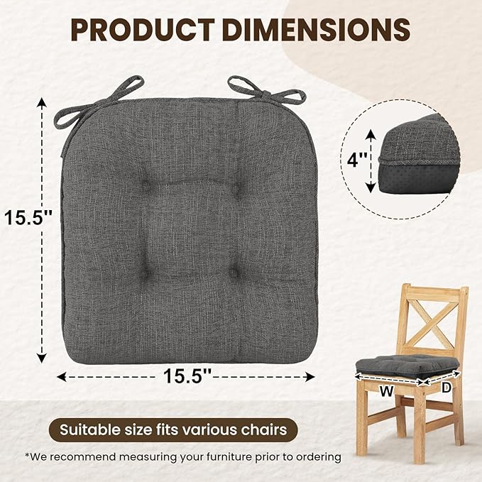 downluxe Indoor Chair Cushions for Dining Chairs, Tufted Overstuffed Textured Kitchen Chair Pads with Ties and Non-Slip Backing, 15.5" x 15.5" x 4", Dark Grey, 6 Pack