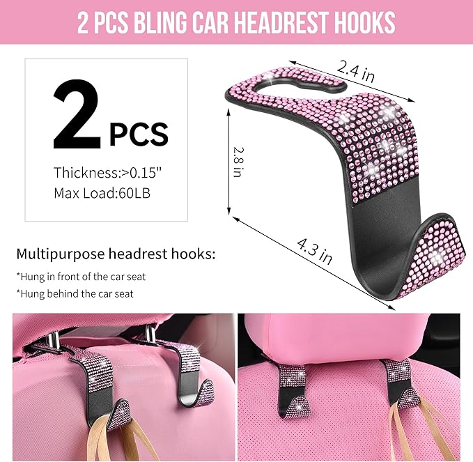 CAR PASS Bling Pink Car Accessories Set for Women, Sparkly Rhinestone Diamond Steering Wheel Cover Seat Belt Cushion Glitter Shift Knob Cover Car Cup Holder Coaster Cute Interior Sets, Pink 22 PCS