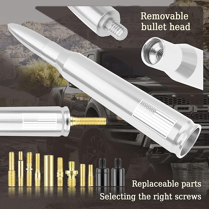 Car Bullet Antenna,Truck Exterior Decoration Accessories Car Vehicle Replacement Antenna Conpatible with Ford F150 RAM 1500 GMC Heavy Duty Pickup Trucks Accessories (New Upgrade Silver-U.S. Flag)…