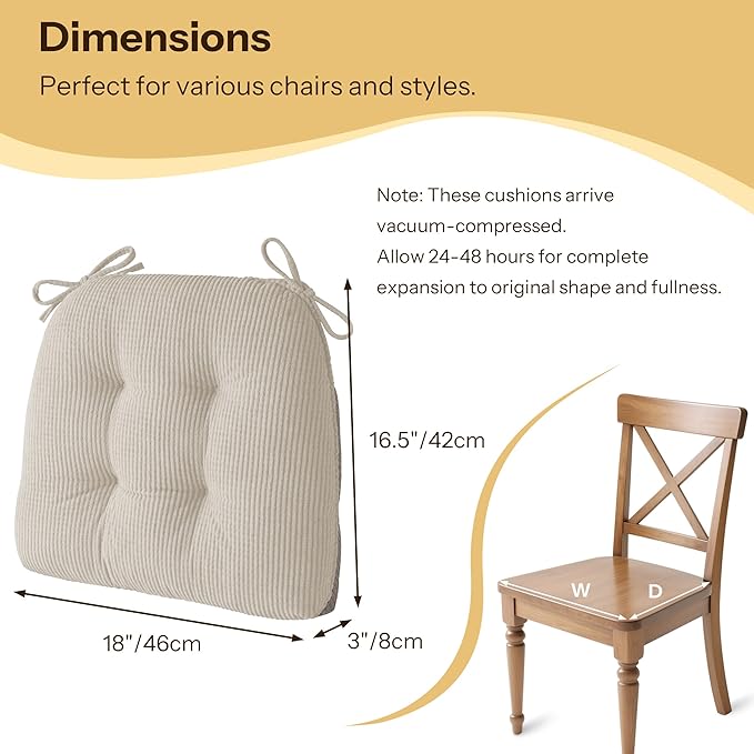 Indoor Kitchen Chair Cushions Set of 4 18"X16.5"X3" Soft Anti Slip Dining Chair Pads Tufted Kitchen Seat Cushion with Ties, Beige