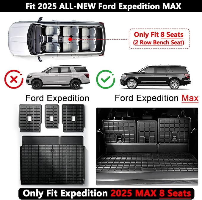 Floor Mats for 2025 2026 Ford Expedition MAX 8 Seats (2nd Row Bench Seat) & Cargo Mat & Backrest Mat, TPE All Weather Protection Car Full Set Mats Covering The Backrest Accessories