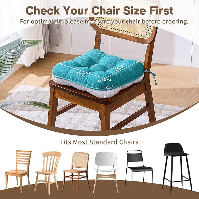 BETU Chair Cushions for Dining Chairs Set of 6,3.5" Thick Kitchen Table Chair Pads with Ties,Non Slip Backing and Covers, Seat Cushion for Dining Room,Bar,Patio Chairs,15.5"X15.5"X3.5",Teal