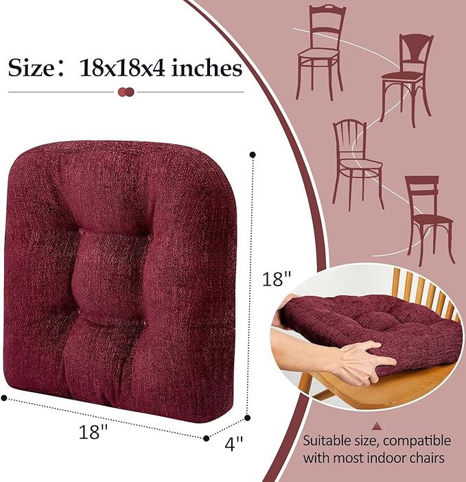 downluxe Chair Cushions for Dining Chairs 2 Pack, Tufted Indoor Chair Pads with Non-Slip Bottom, U-Shaped Kitchen Chair Cushions, 18"x18"x4", Burgundy