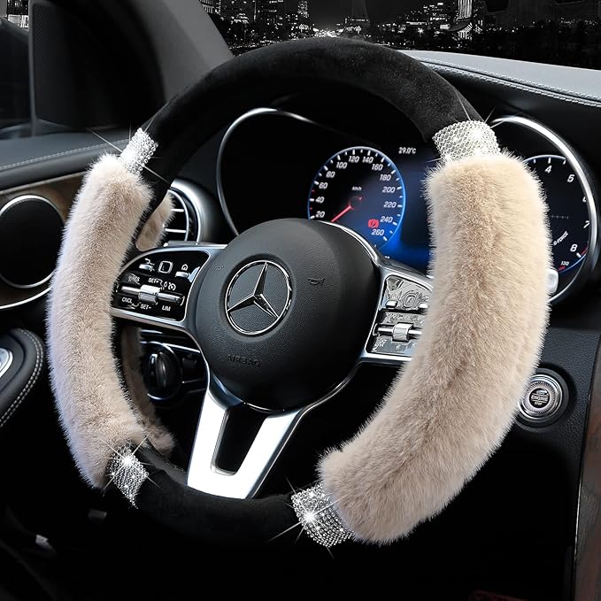 Achiou Steering Wheel Cover, Fluffy, Universal Rhinestone, Comfortable, Non-Slip Luxurious Faux Wool,Bedazzled Car Accessories for Women, Fits for 14.5 to 15 Inch