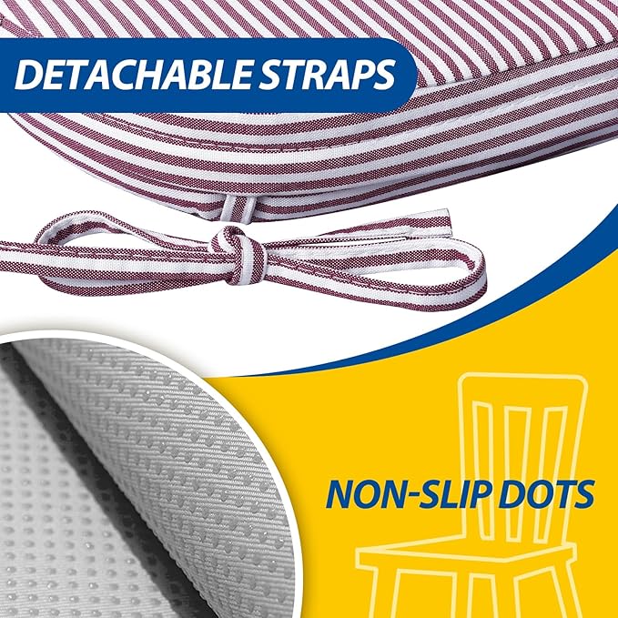AAAAAcessories D-Shaped Chair Cushions, 2" Thick Dining Chair Pads with Ties and Removable, Machine-Washable Cover, 17" x 16", Set of 2, Pinstripe Red