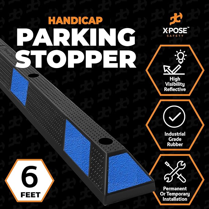 Xpose Safety 72" Heavy Duty Rubber Parking Stopper – 1 Pack Wheel Blocks for Garage, Driveway, or Ramp – Car Bumper Stop with Blue Reflective Strips – Removable Floor Mount