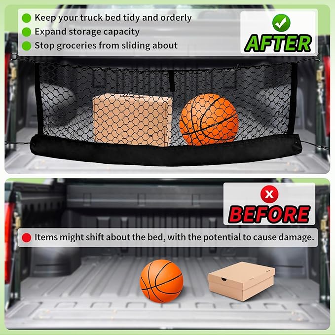 Truck Bed Cargo Net, Universal Fit for Ford F150, Chevy Silverado, GMC Sierra, Heavy Duty Storage Net with Bag