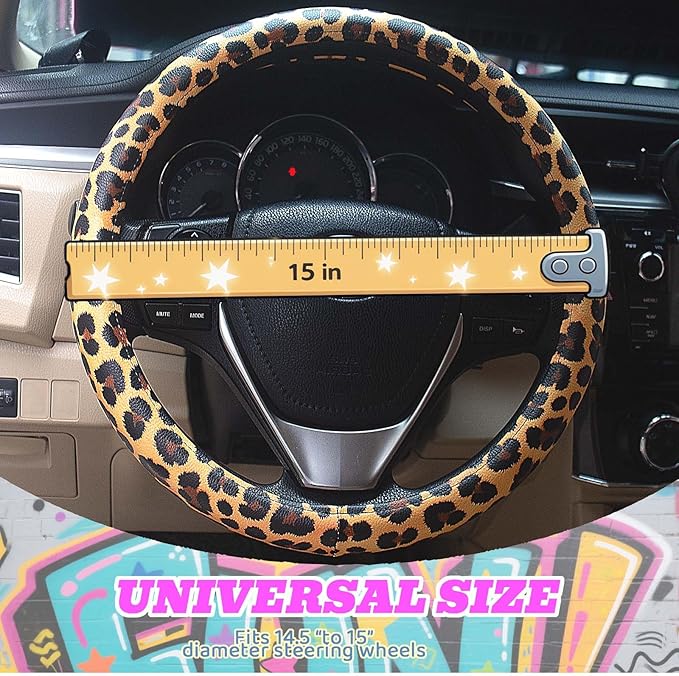 Universal Leather Leopard Cheetah Steering Wheel Cover Women 14.5-15 inch Leopard car Accessories Western Anime Brown Cute Wheel Cover Hip Hop Anti-Slip Car Protecter for Men
