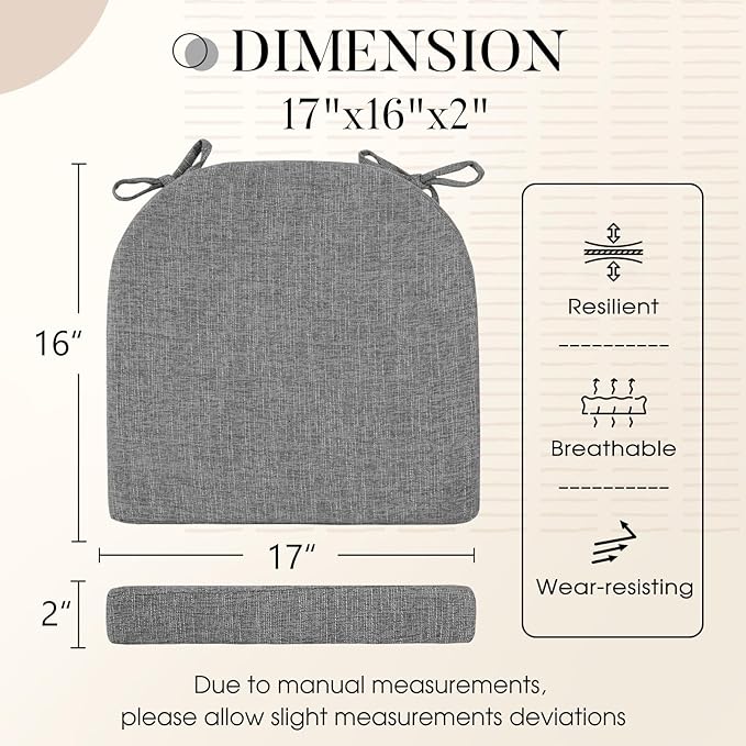 Basic Beyond Chair Cushions for Dining Chairs with Ties and Removable Cover, 2" Thick Seat Cushions for Kitchen Chairs, Set of 6, 17" x 16", Dark Grey