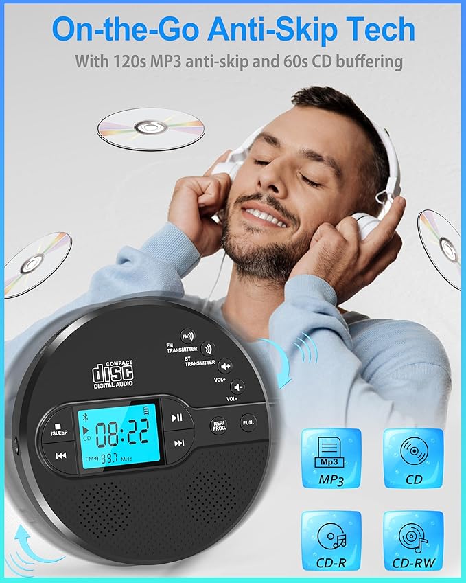 Sunoony Portable CD Player with Bluetooth, Walkman CD Player with FM Transmitter and Speakers for Car, Rechargeable Discman with Anti-Skip Protection, Headphones, LCD Display (Black)