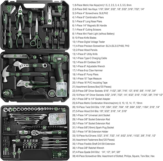 Prostormer Tool Set with 8V Cordless Drill, 369-Piece Home Tool Kit with Drill Driver, Toolbox Storage Case with Drawer, General Household Tools for Home Repairs and DIY, Handyman (Green)