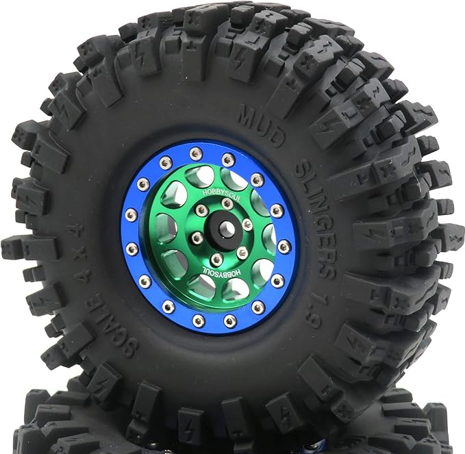 HOBBYSOUL Soft Sticky 1.9 Mud Slingers Tires T8 Tyre 120mm/4.72inch & 1.9 Beadlock Wheels Green Blue Color For 1/10 Rock Crawler Traxxas TRX4 Axial SCX10 Redcat Gen8, (4-Pack)