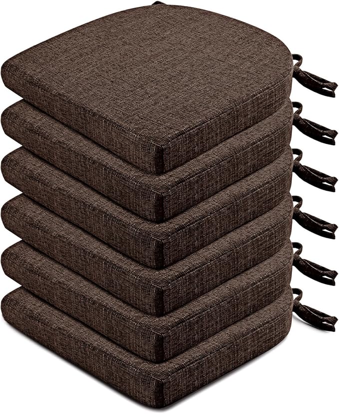 Wellsin Chair Cushions for Dining Chairs 6 Pack - Kitchen Chair Cushions with Ties and Non-Slip Backing - Dining Chair Pads 16"X16"X2", Brown