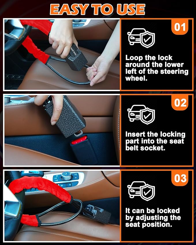 Tevlaphee Steering Wheel Lock Seat Belt Lock Universal Anti Theft Car Device Car Lock Car Theft Prevention with 3 Keys for Car Security Fit Most Vehicles Truck SUV Van (Red)