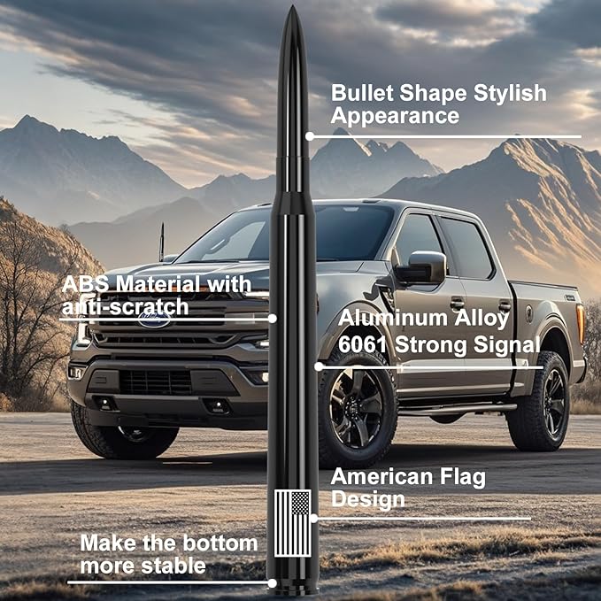 8" Car Truck Bullet Antenna with Tire Valve Caps American Flag Universal Replacement for GMC Sierra Chevy Silverado Dodge Ram 1500 2500 3500 Ford F150 F250 F350 Super Duty Raptor Accessories Black