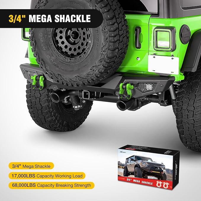 Nilight Heavy Duty Mega D-Ring Shackles(2 Pack) 68,000 lb Break Strength(17,000 lb WLL) w/ 7/8″ Screw Pin & Washers, Forged Steel Off-Road Recovery Shackles for Tow Strap & Winch Gear, Green