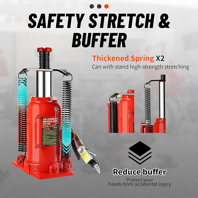 20 Ton Air Hydraulic Bottle Jack with Air-Powered or Manual Operation, One-Piece Hydraulic Cylinder Design, Air Bottle Jack with Carry Handle for Pickup Trucks, Commercial Vehicles, and Farm Equipment