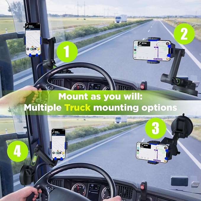 Cell Phone Mount for Truck Phone Holder for Truck Drivers - Heavy Duty Suction Cup, iPhone Holder for Dashboard Window 16.9 inch Long, for iPhone & Samsung, Semi Trucker, Blue